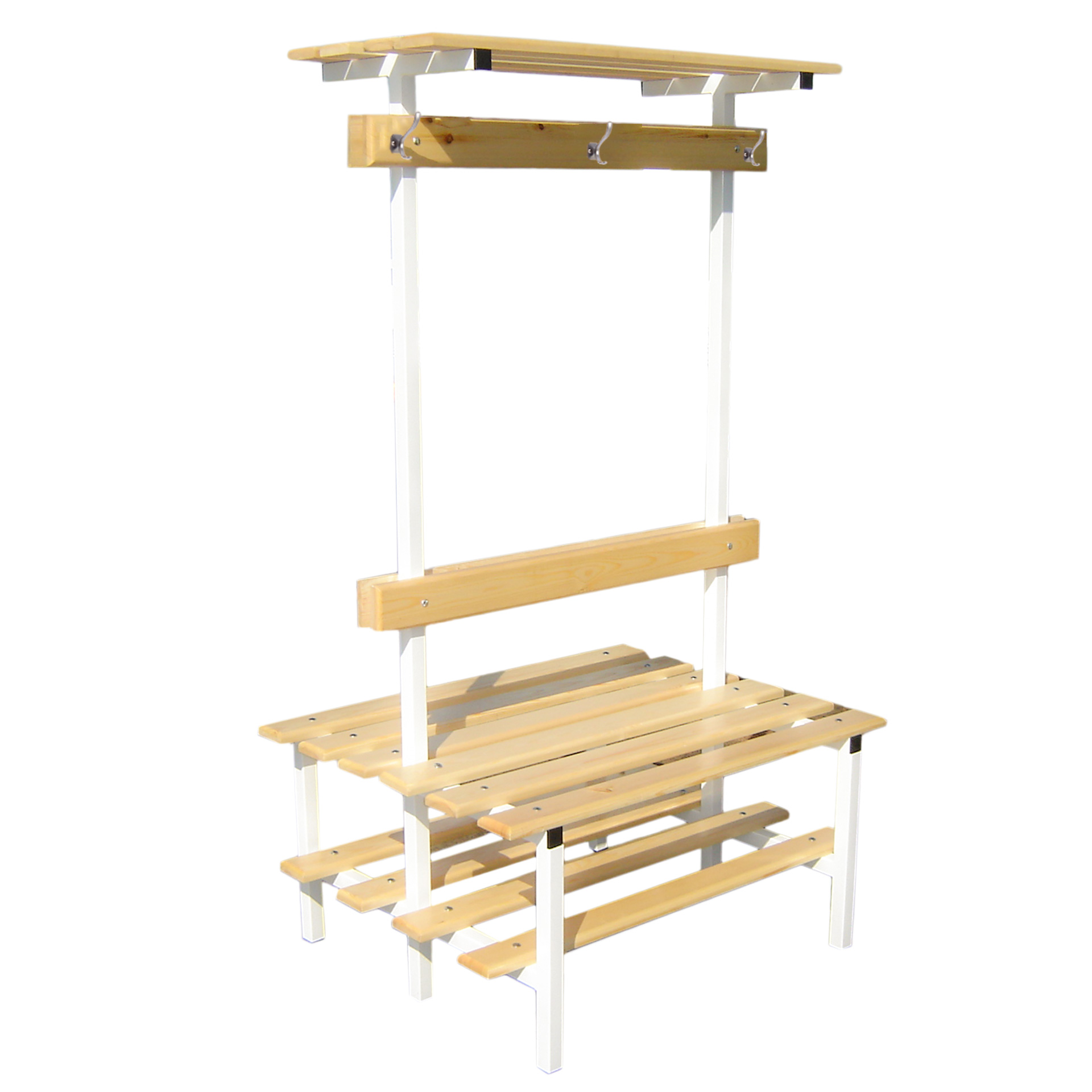 banco vestuario doble con zapatillero, percha y estante superior 1 banco vestuario doble con zapatillero, percha y estante superior 1