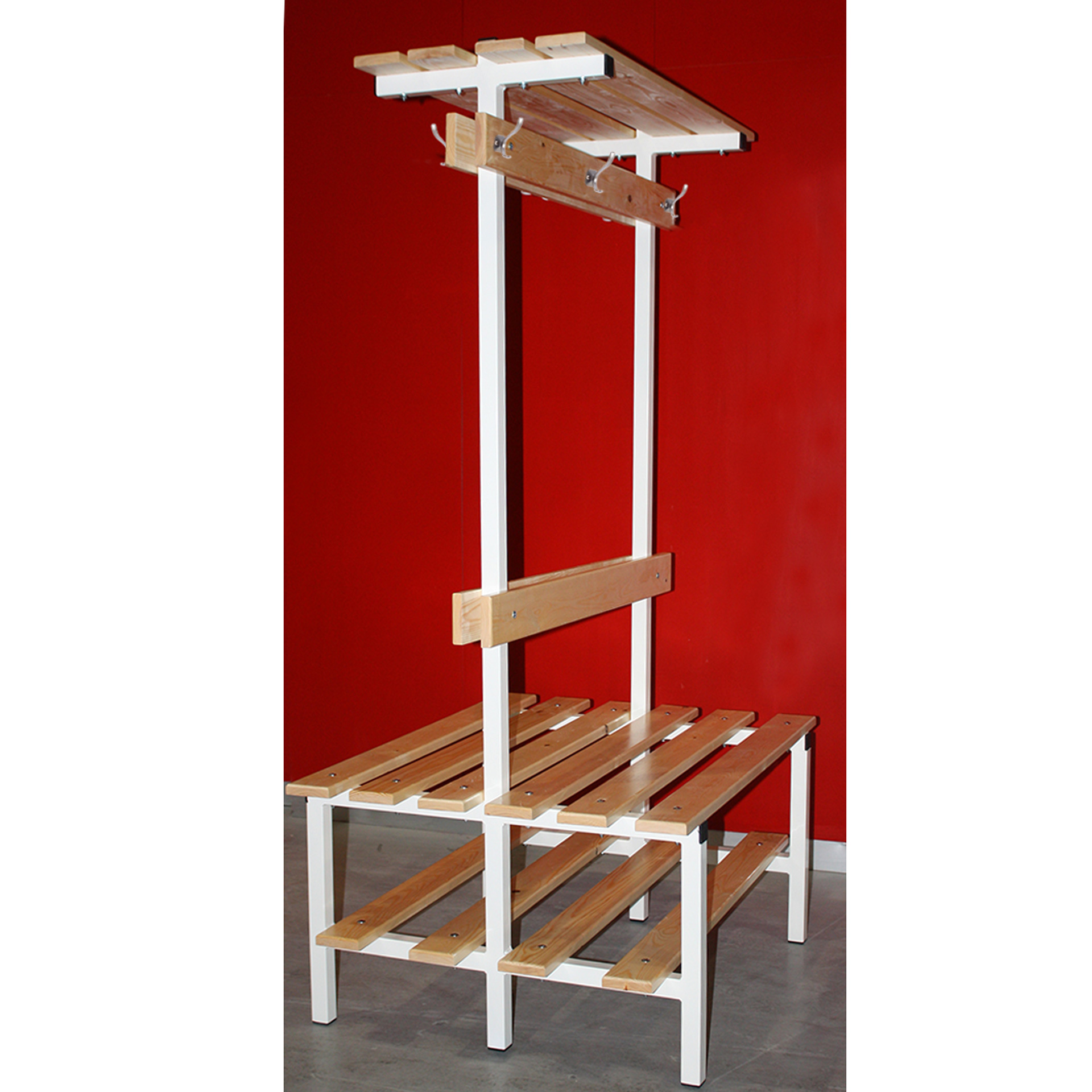 banco vestuario doble con zapatillero, percha y estante superior 2 banco vestuario doble con zapatillero, percha y estante superior 2