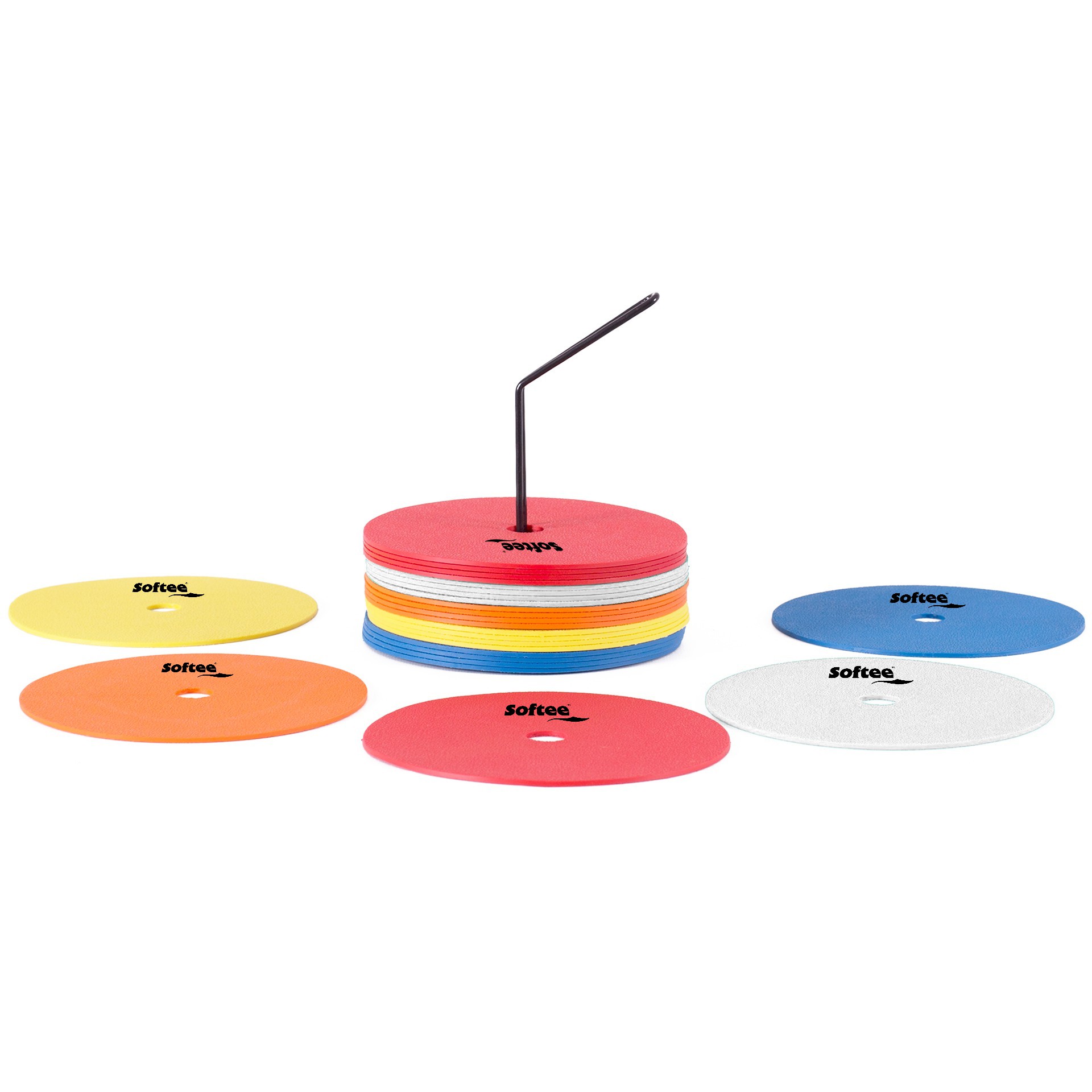Set de 25 círculos de marcaje antideslizantes de colores con soporte Softee – Sports Equipe Set de 25 círculos de marcaje antideslizantes de colores con soporte Softee – Sports Equipe