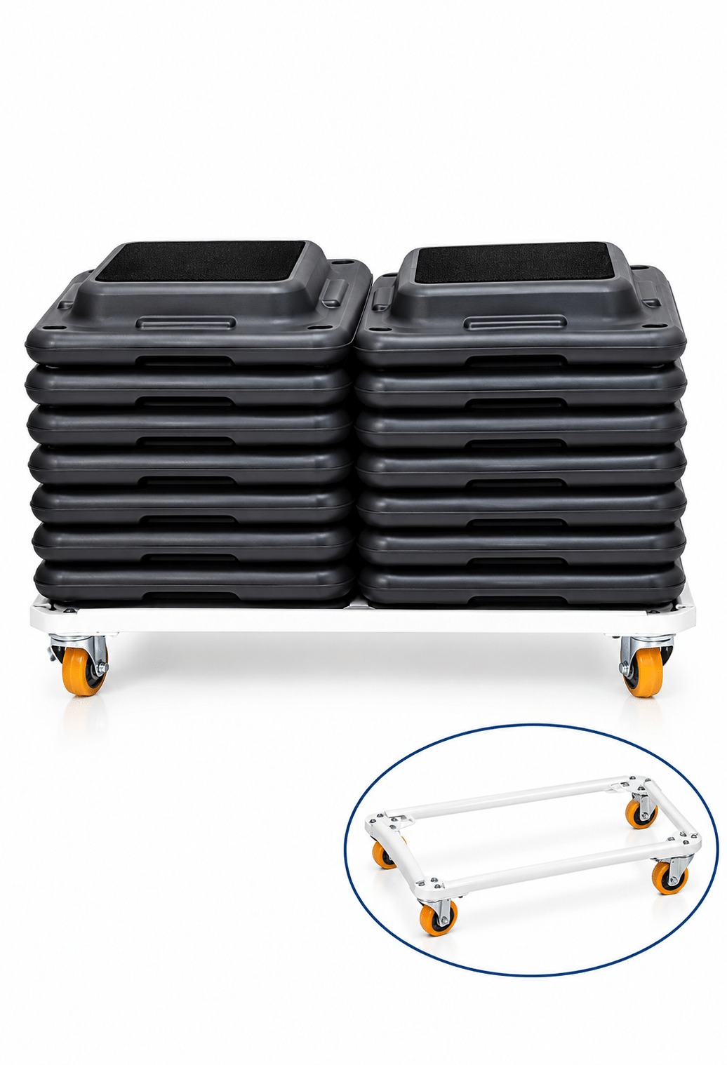 Mueble para pies de step Softee Equipment – Sports Equipe Mueble con ruedas para pies de step con bases apiladas como ejemplo de carga Softee Equipment – Sports Equipe