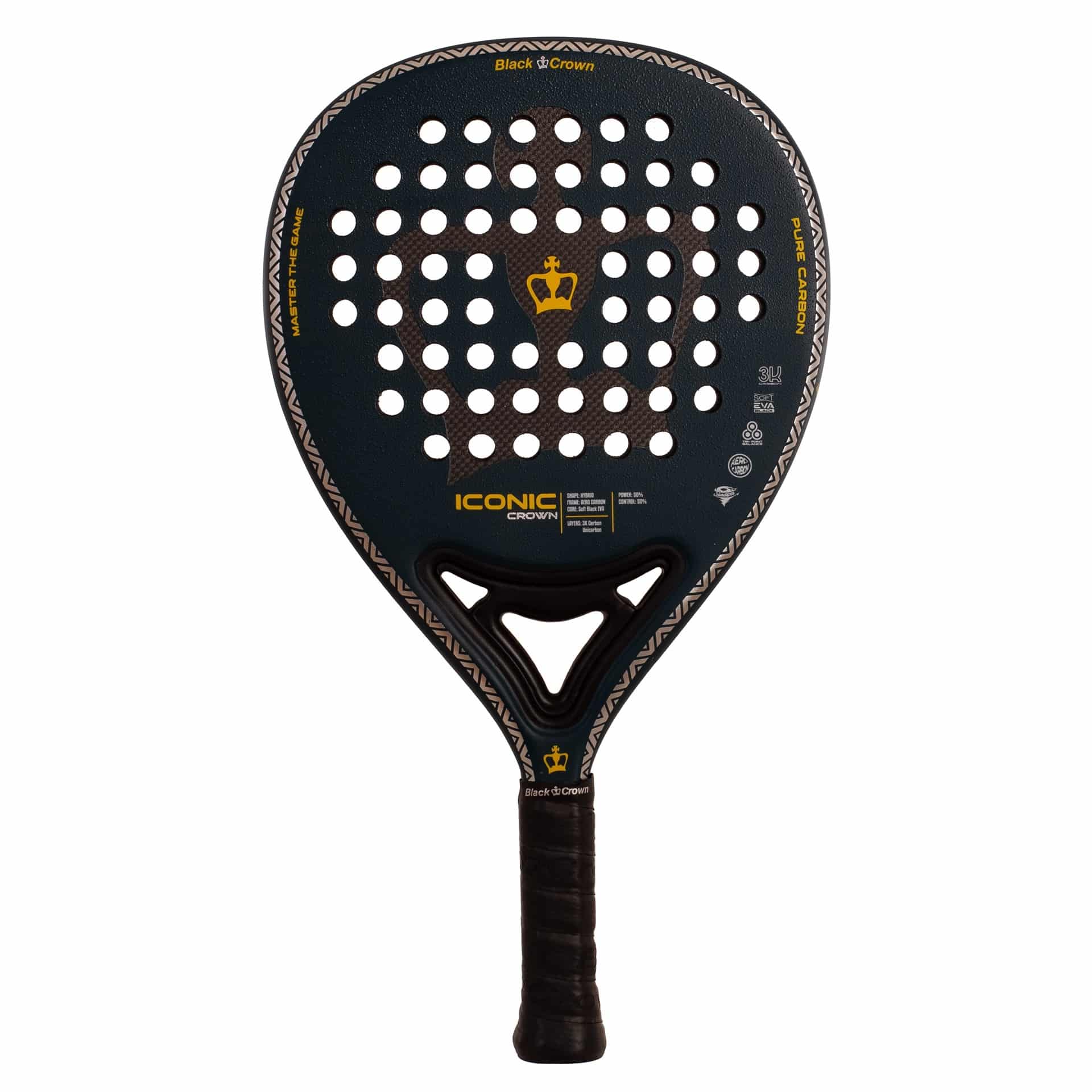 pala-de-padel-iconic-crown-black-crown-sportsequipe Pala de pádel Iconic Crown de forma híbrida en azul oscuro y dorado Black Crown – Sports Equipe
