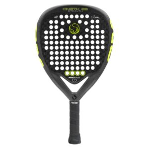 Pala de pádel Cinetik 28 Stealth Javi Ruiz negra y amarilla hiperperforada Sane – Sports Equipe